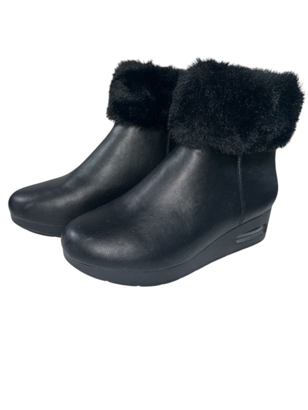 DKNY Abri Black Faux Leather Wedge Ankle Boot Faux Fur Trim Size 7.5